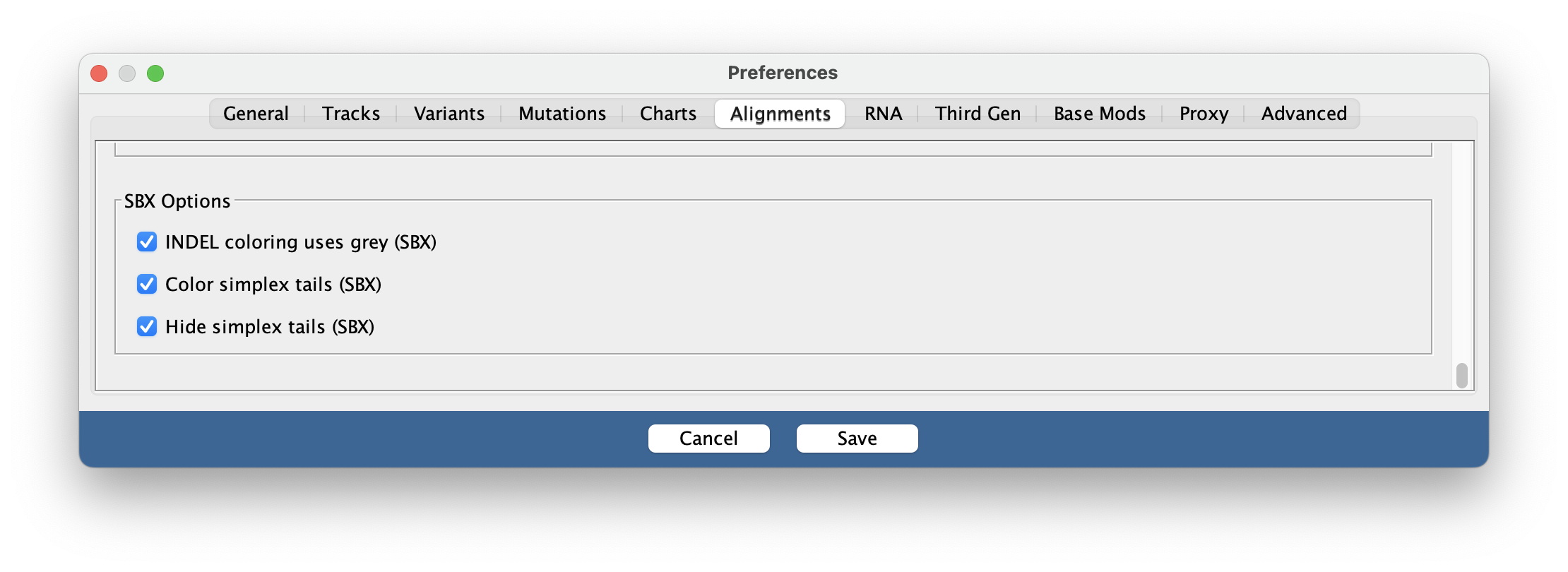 SBX alignment options menu